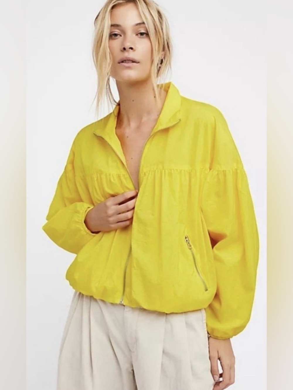 Free People Now Or Never Bomber Jacket In Yellow Cropped Zip-Up Size S